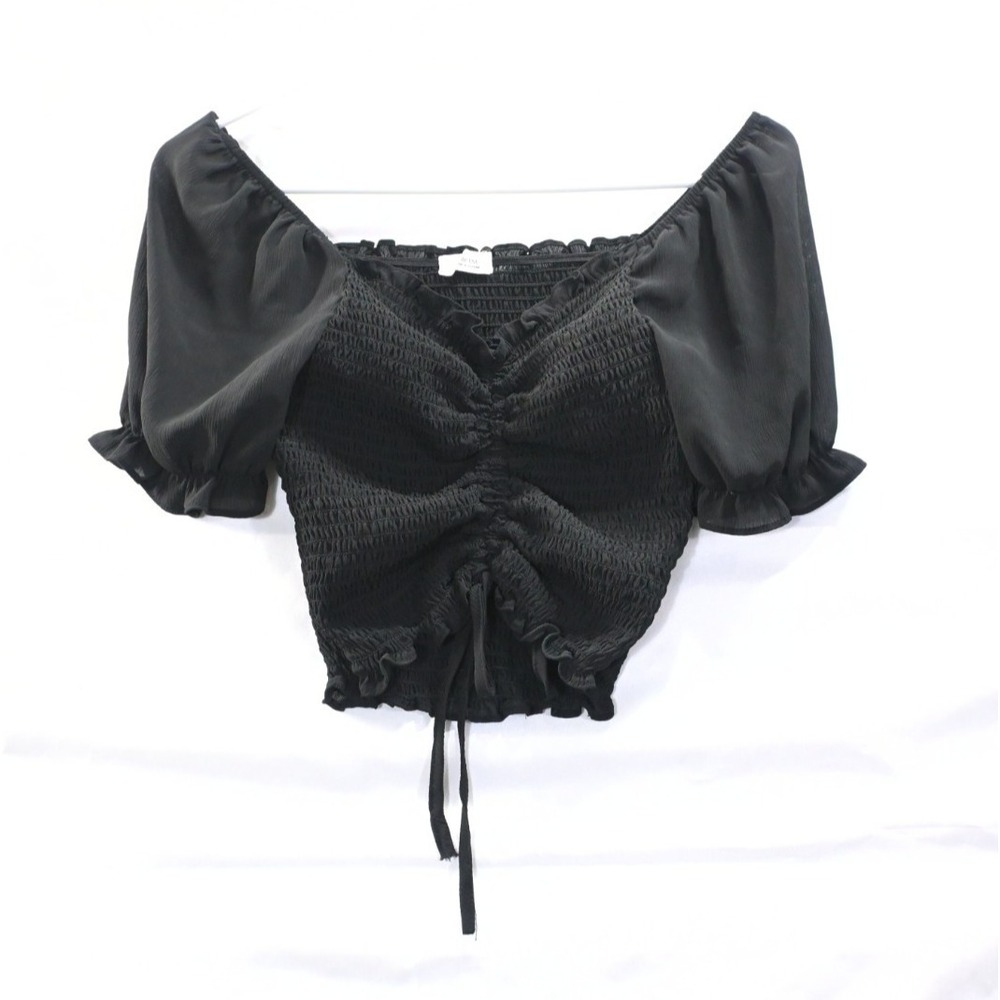 Active USA Black Smocked Crop Top Puff Sleeve Ruched Tie Front Blouse M Y2K Sexy